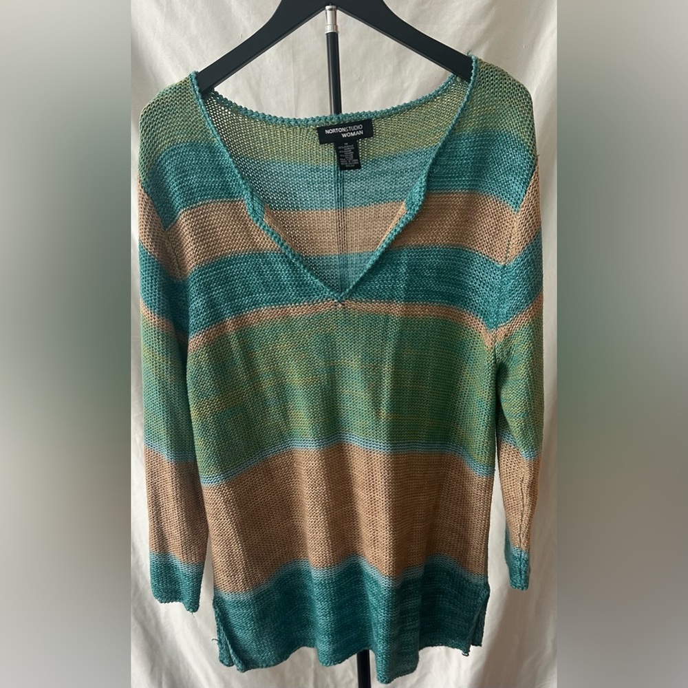 Striped V-Neck Sweater - Green and Tan